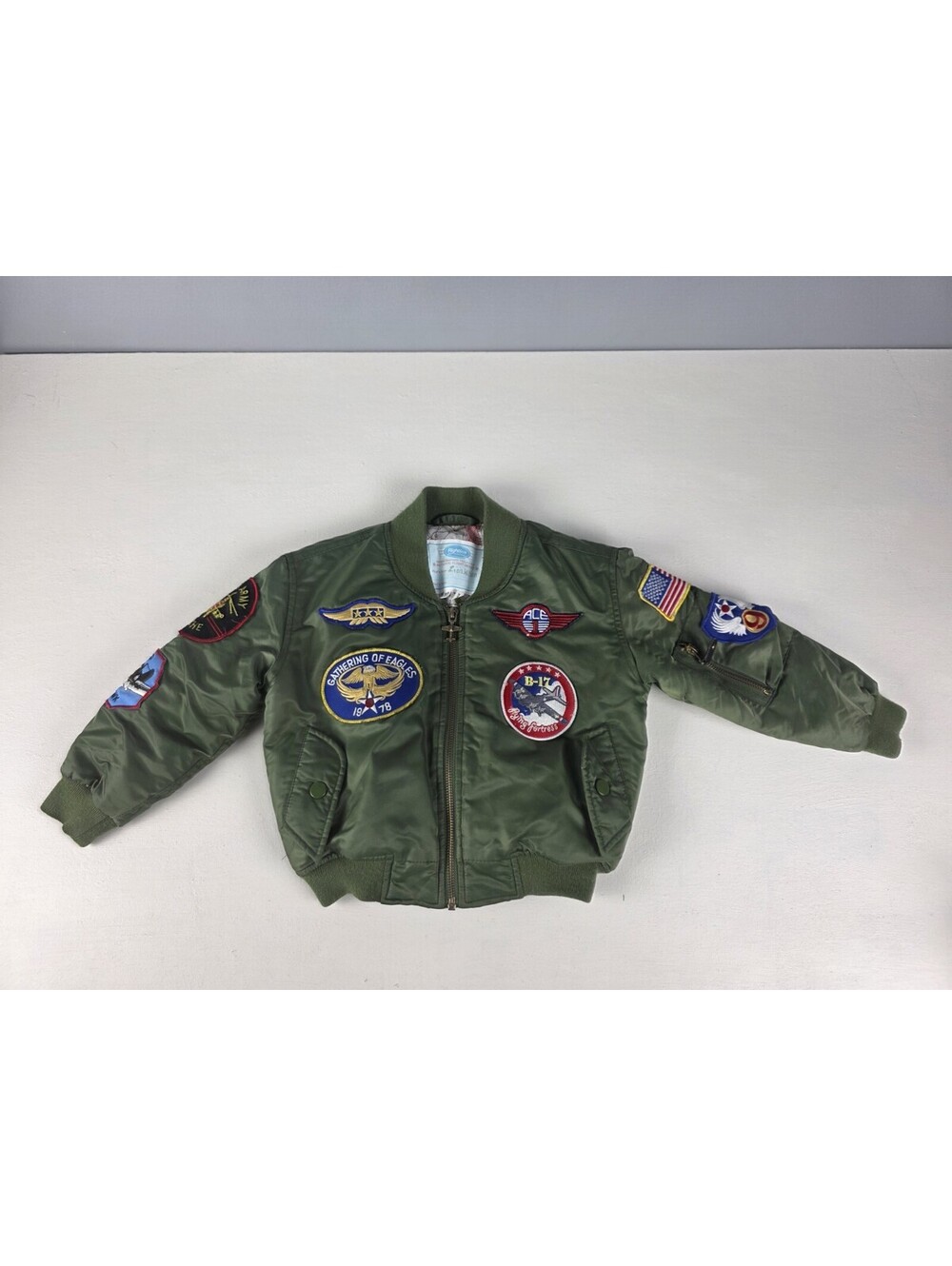 Flightline Authentic Flight Jacket Boys 4/5 Small Army Green Patches Bomber Zip